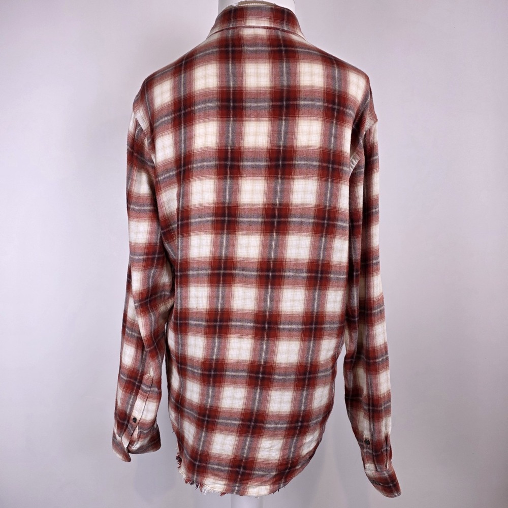 FRAME Slim Plaid Flannel Shirt Red Cream‎ Distressed Hem Button Up Medium - Picture 5 of 10
